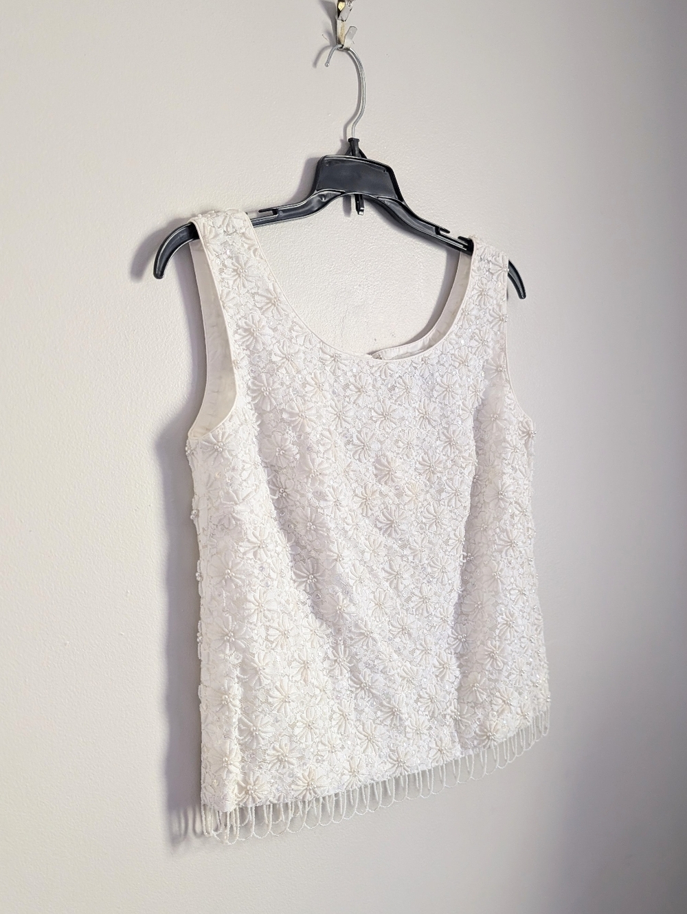 60s Vintage Everfit Co. Ivory Pearl Beaded Shell Cocktail Top with Fringe - Picture 5 of 10
